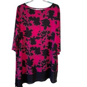 Susan Graver Womens 2X Liquid Knit 3/4 Sleeve Tunic Top Floral Fuchsia Black